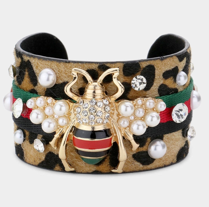 Bling Bee Leopard Print Cuff Bracelet